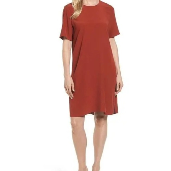 Eileen Fisher Burnt Orange Short Sleeve Tencel Crepe Shift Dress Size S - Picture 1 of 5